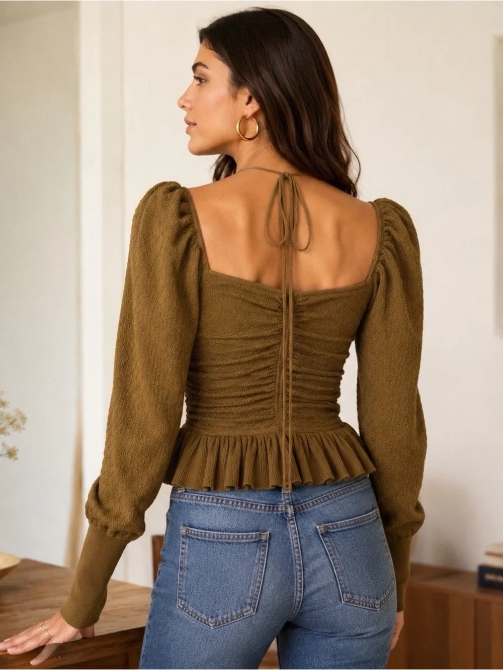 Ulla Johnson Leland Pointelle Olive Green Knit Peplum Top Petite XS/S